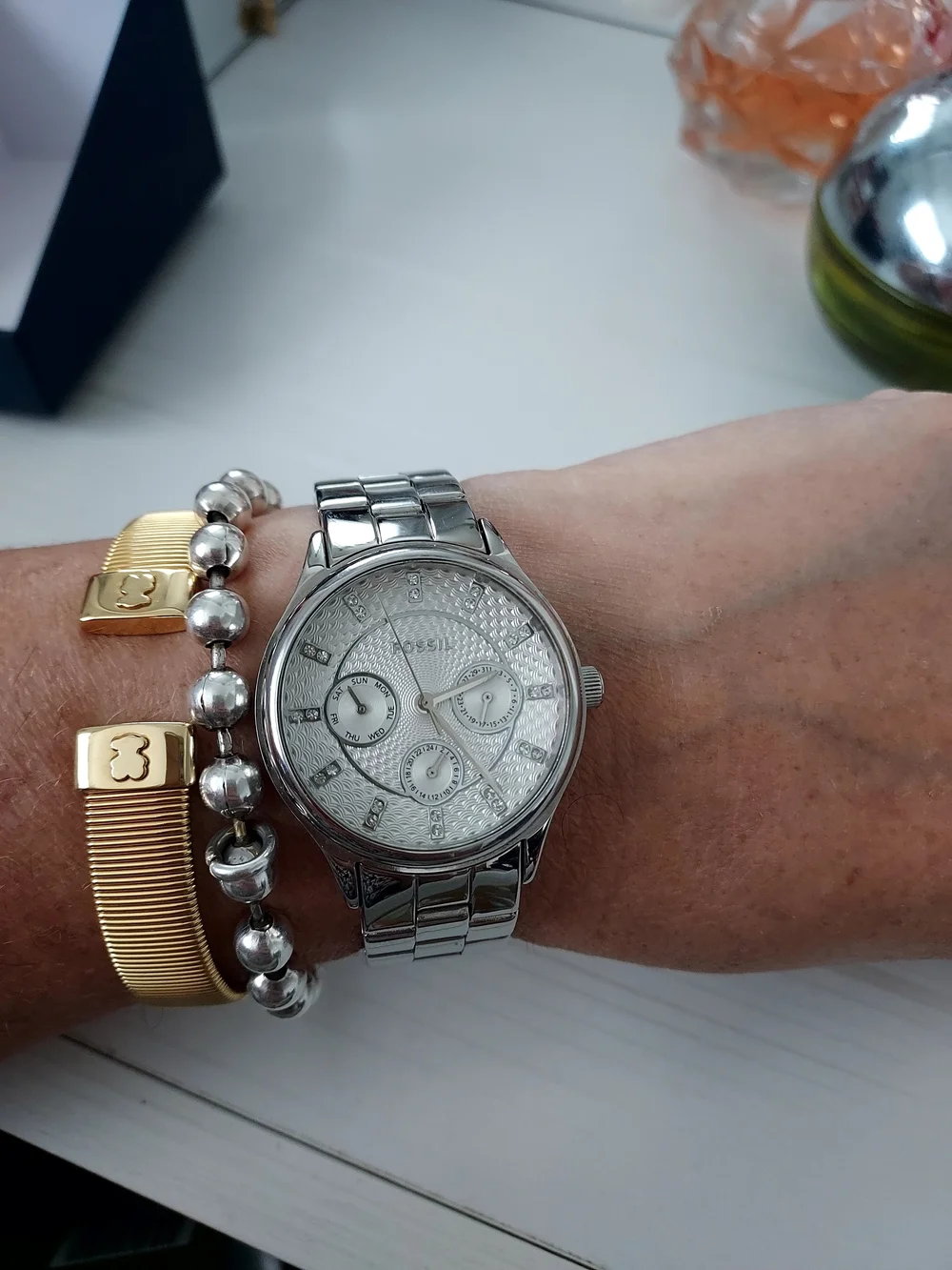 Fossil Women Silver Stainless Steel Chronograph Watch with Textured Dial
